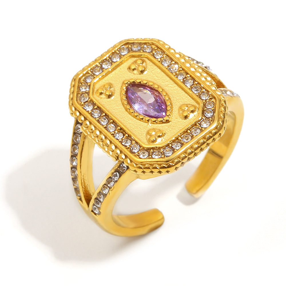 Anello da donna in acciaio inossidabile con placcatura in oro 18 carati e finitura smaltata, stile geometrico francese vintage