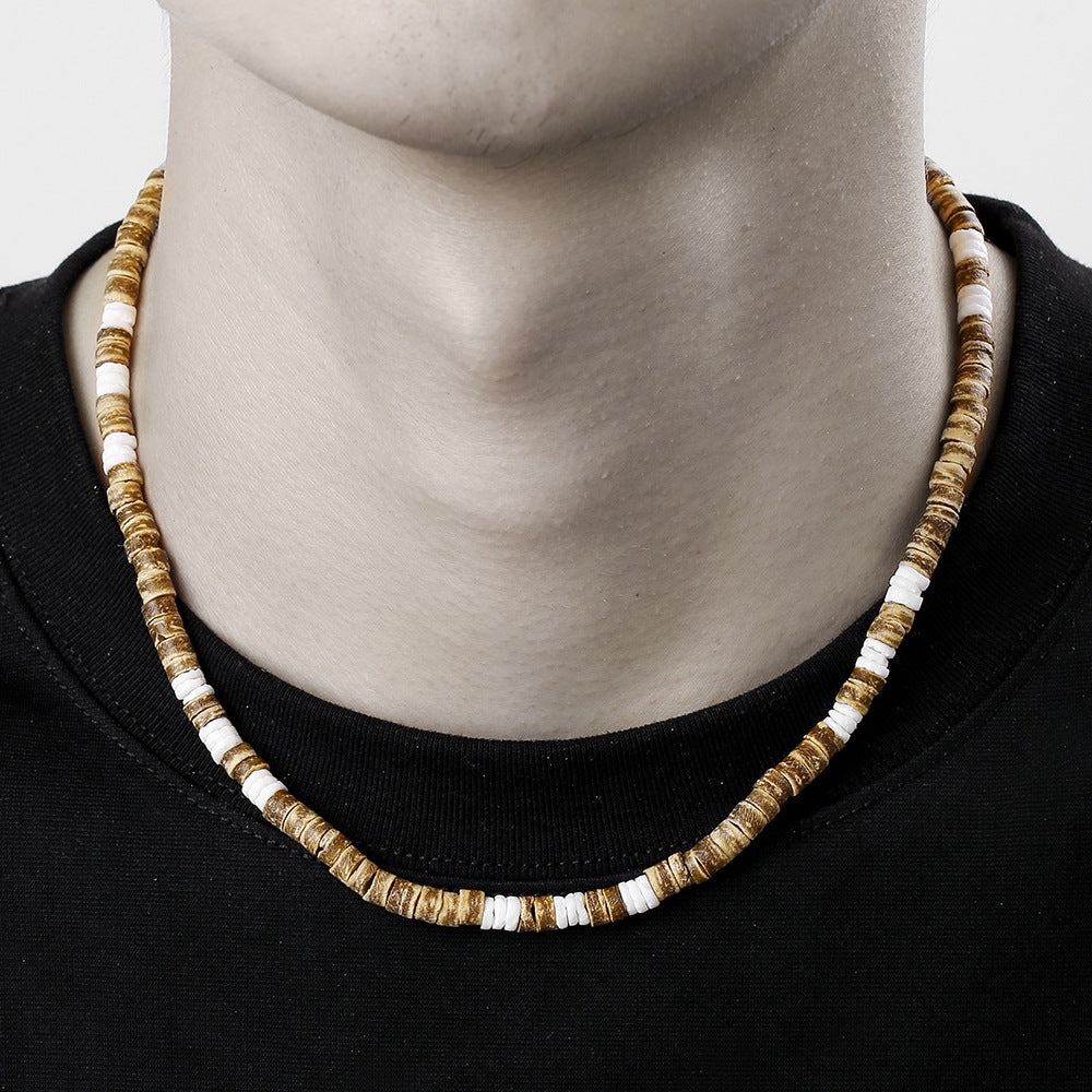 Collana con Pendente Geometrico in Legno e Argilla Polimerica Stile Bohémien da Uomo con Catena a O Realizzata a Mano