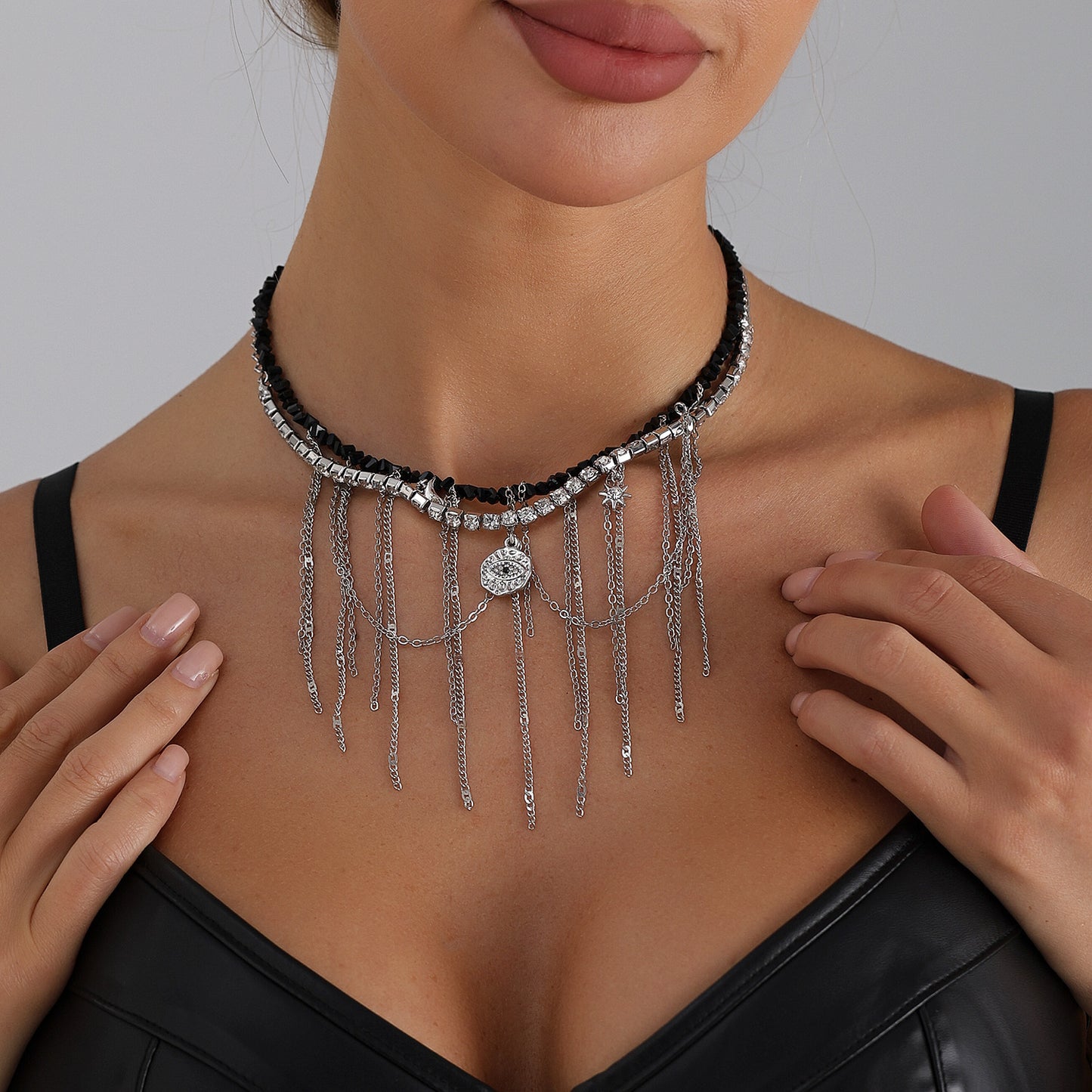 Gothic Streetwear Geometric Alloy Evil Eye Rhinestone Pendant Necklace with Tassel for Women