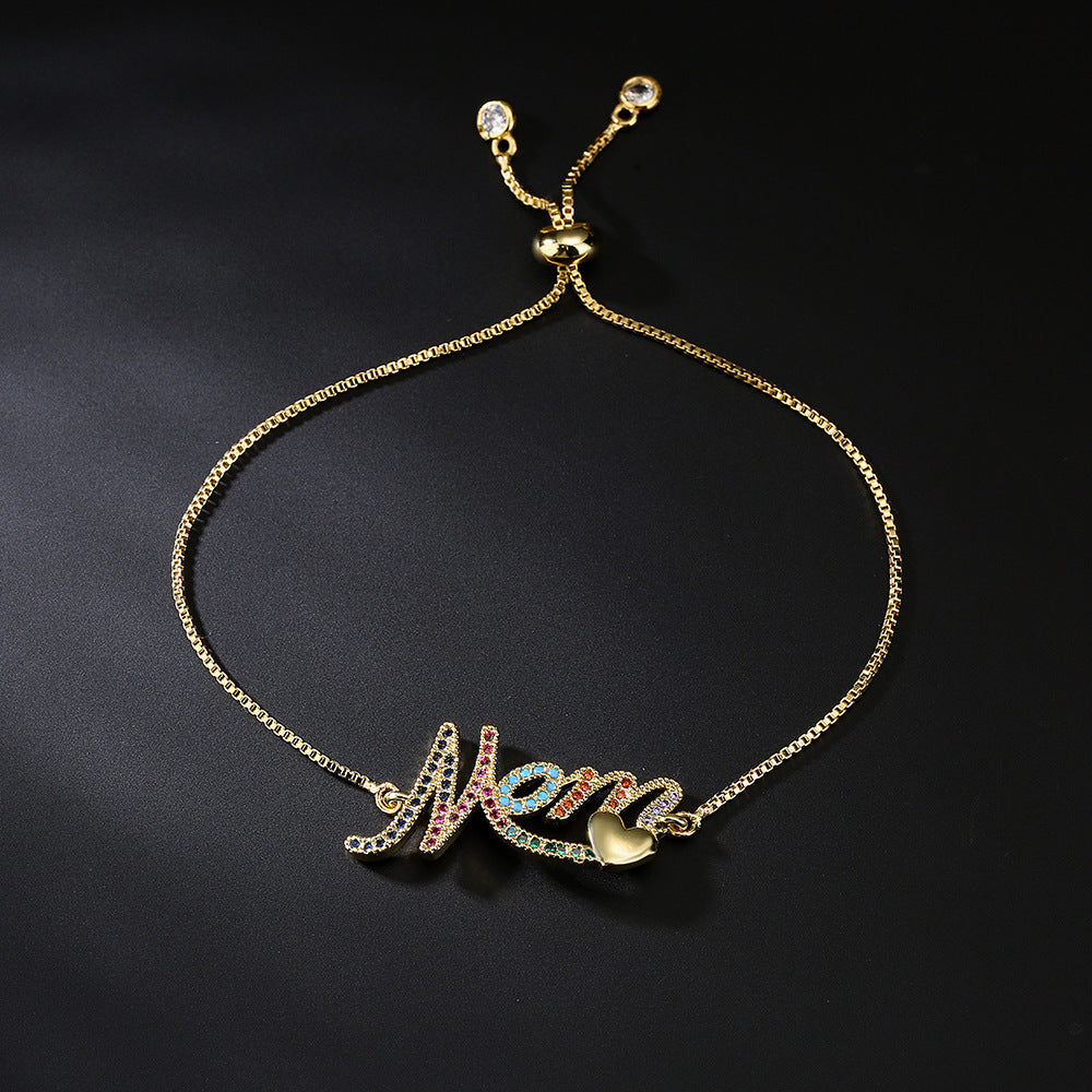 Geometric Style MOM Heart Pendant Bracelet in Copper with 18K Gold Plating and Cubic Zirconia Inlay