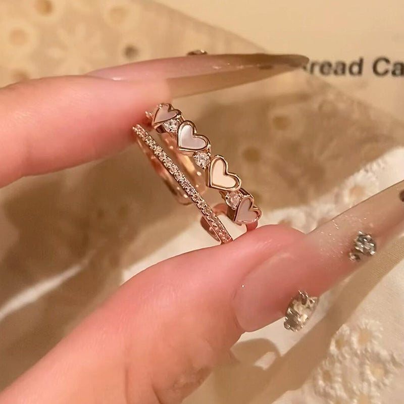Anillo Abierto de Doble Capa con Forma de Corazón Minimalista Elegante para Mujer Hecho de Cobre con Incrustaciones de Circonita