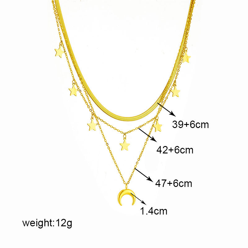 Collana Pendente Stella e Luna Stile Vintage in Acciaio Inox Lucido con Catena a Serpente da Donna