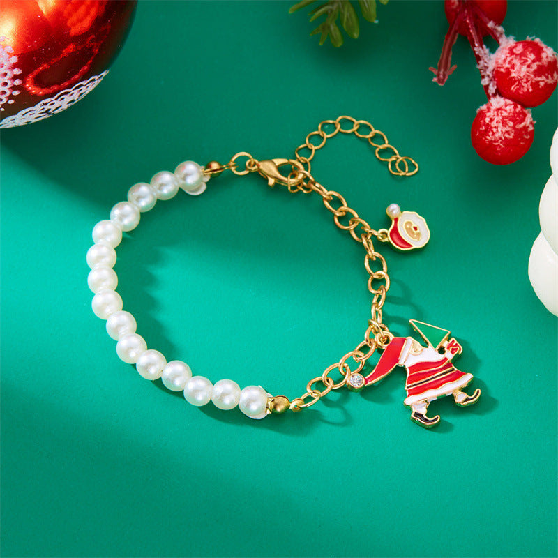 Pulsera de abalorios de Papá Noel de moda para mujer, chapada en aleación con acabado de esmalte, diseño de personaje de dibujos animados, joyería temática navideña