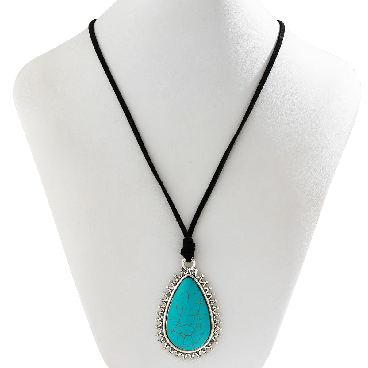 Bohemian Turquoise Heart Pendant Necklace with Adjustable Drawstring Cord for Women