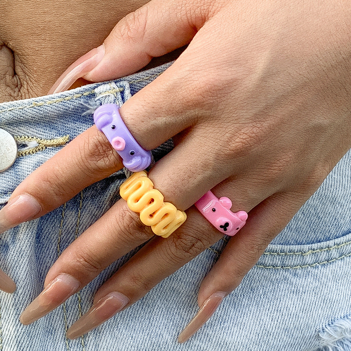 Sweet and Edgy Geometric Bear Acrylic Ring Set for Women with Textured Finish Stackable Hand Jewelry