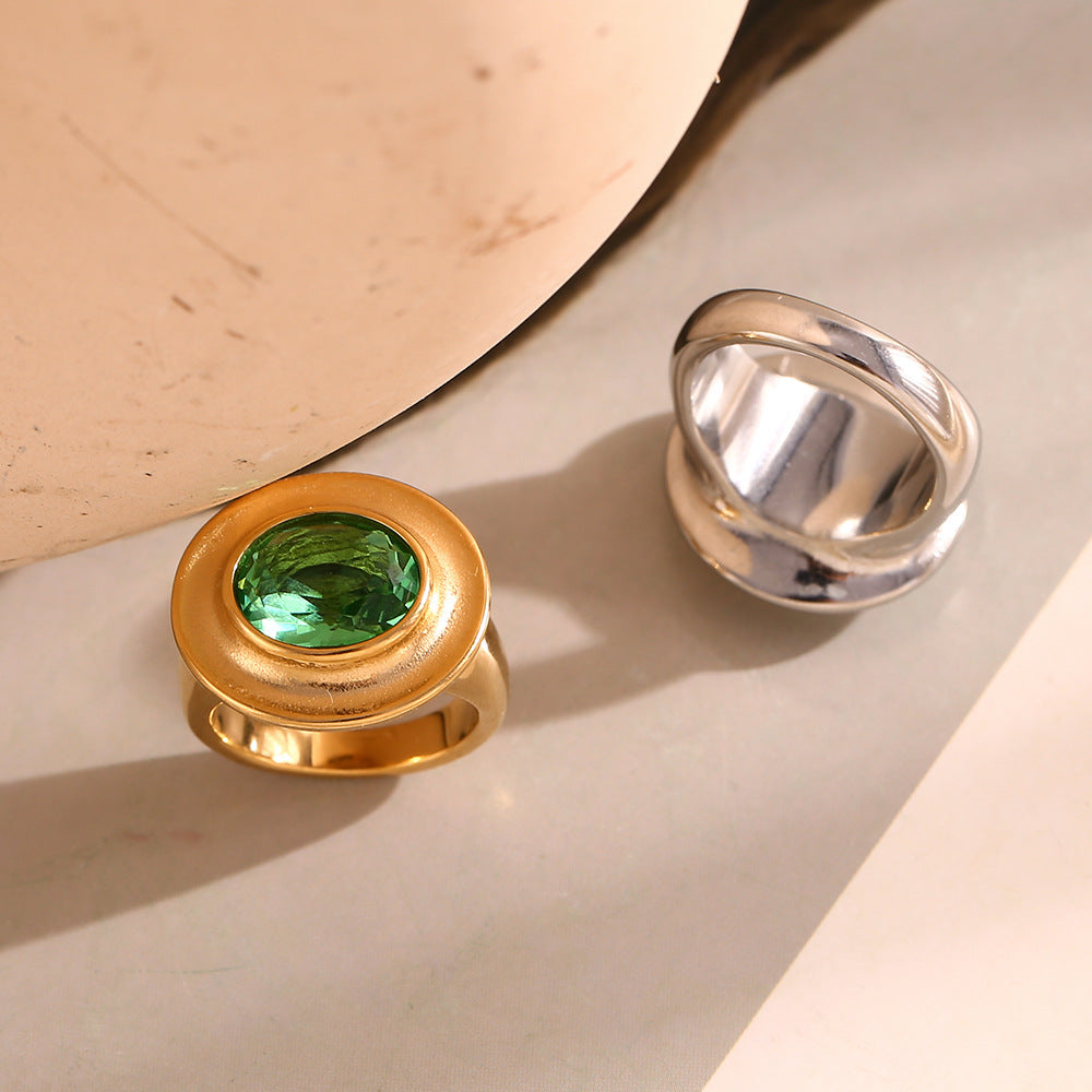 Vintage Style Oval-Shaped Stainless Steel Ring with 18K Gold Plating and Green Zircon Inlay for Women