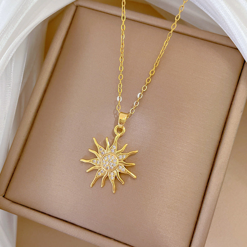 Minimalist Sunflower Pendant Necklace for Women Stainless Steel Geometric Locket Chain with Rhinestone Inlay