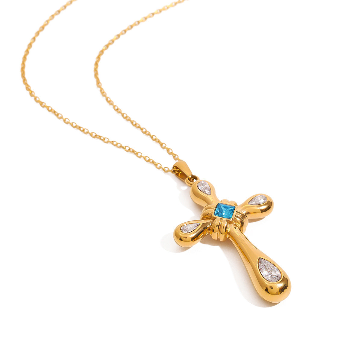 Collana con ciondolo a croce minimalista da donna in acciaio al titanio con intarsio in strass e finitura placcata
