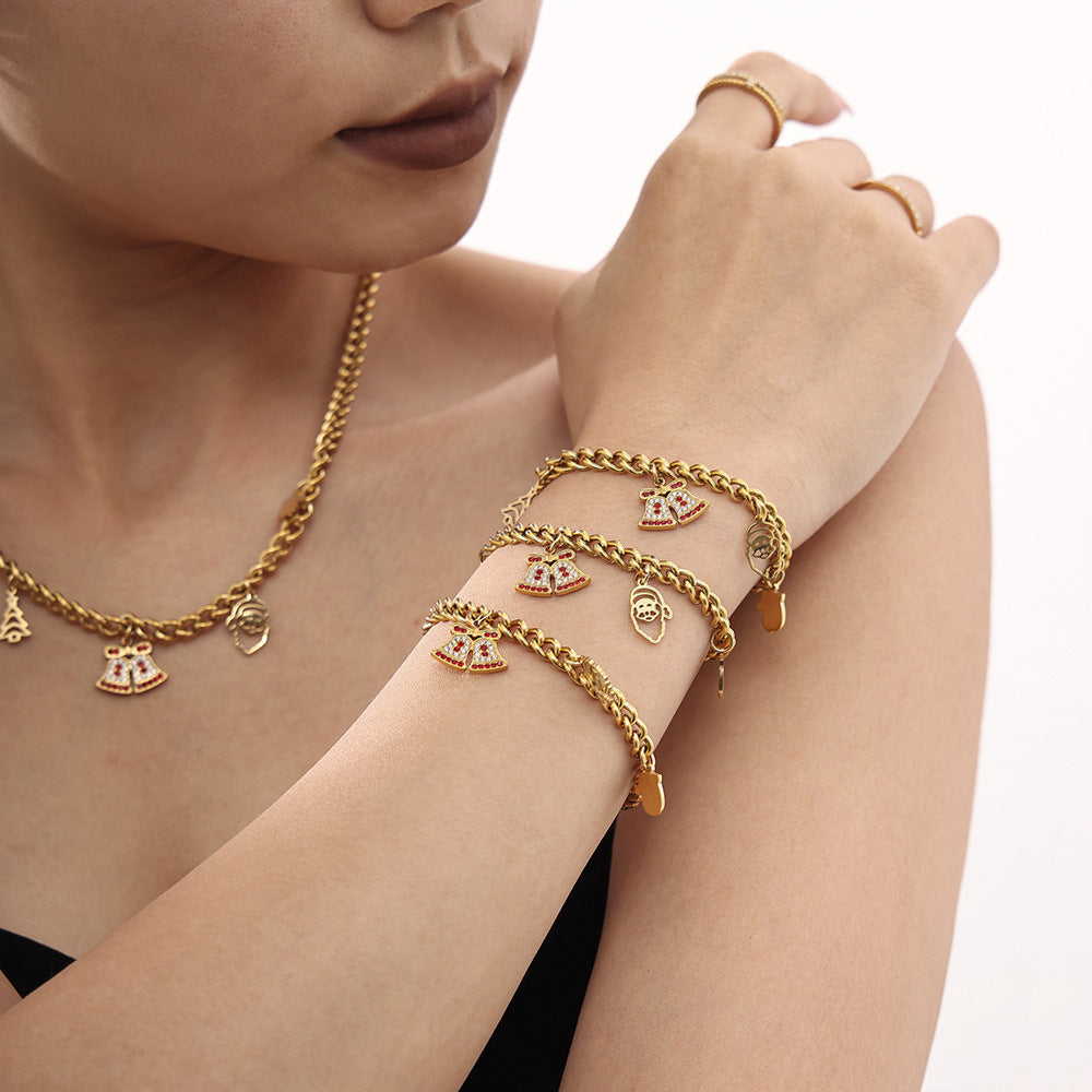 Conjunto de collar y pulsera con colgante de noria de estilo de lujo en acero inoxidable con detalles de diamantes de imitación y acabado chapado para mujer