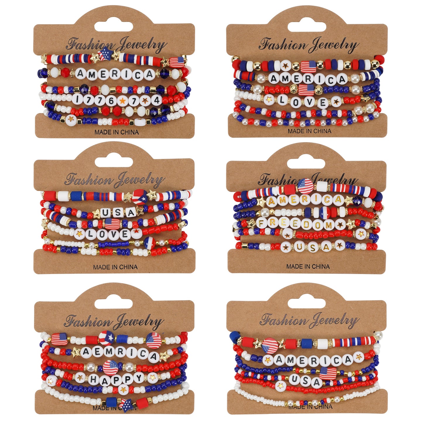 Geometric Resin Beaded Bracelet Red White Blue Patriotic Design Unisex