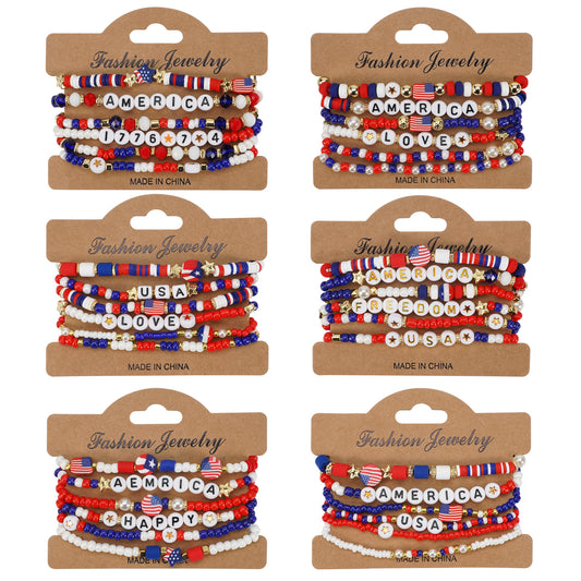 Bracciale con perline in resina geometriche, motivo patriottico rosso bianco blu, unisex