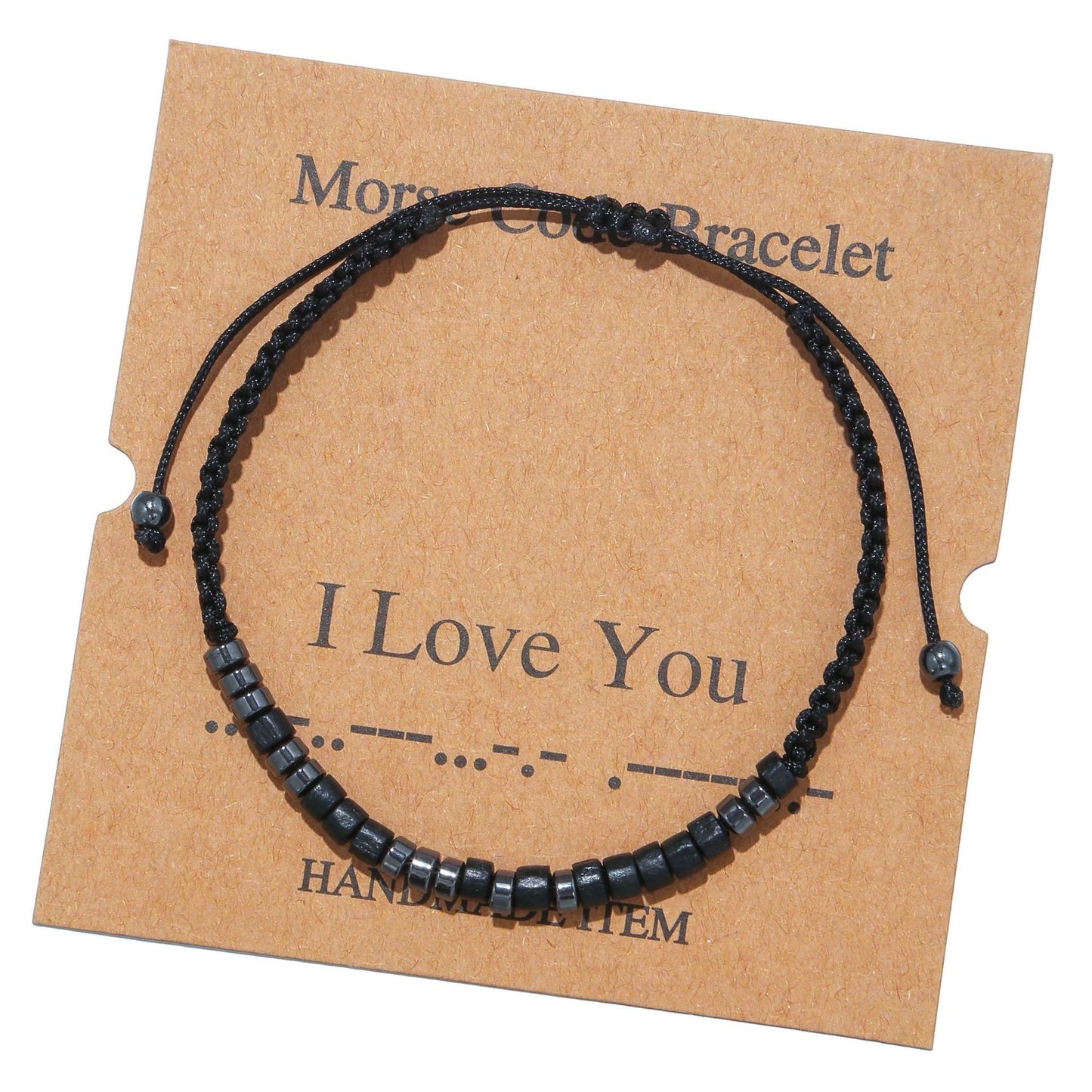 Geometric Morse Code Wood Bead Bracelet Unisex Handmade Braided Card