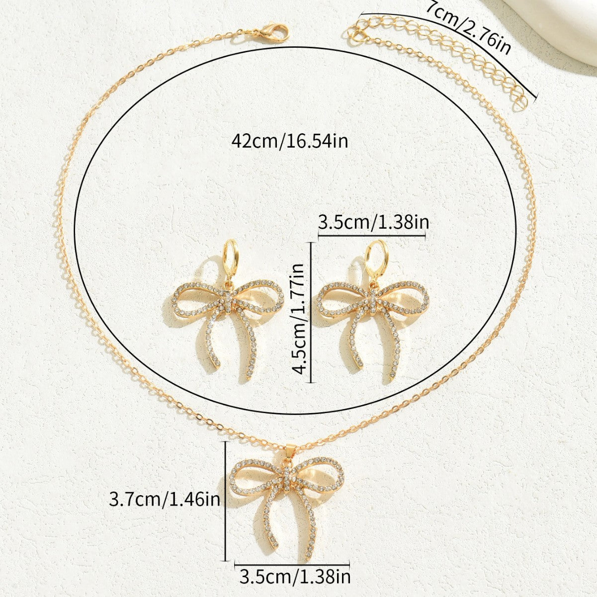 Juego de collar con colgante de lazo elegante y pendientes de tuerca para mujer, joyería de aleación con incrustaciones de diamantes de imitación, estilo dulce minimalista, cadena de clavícula