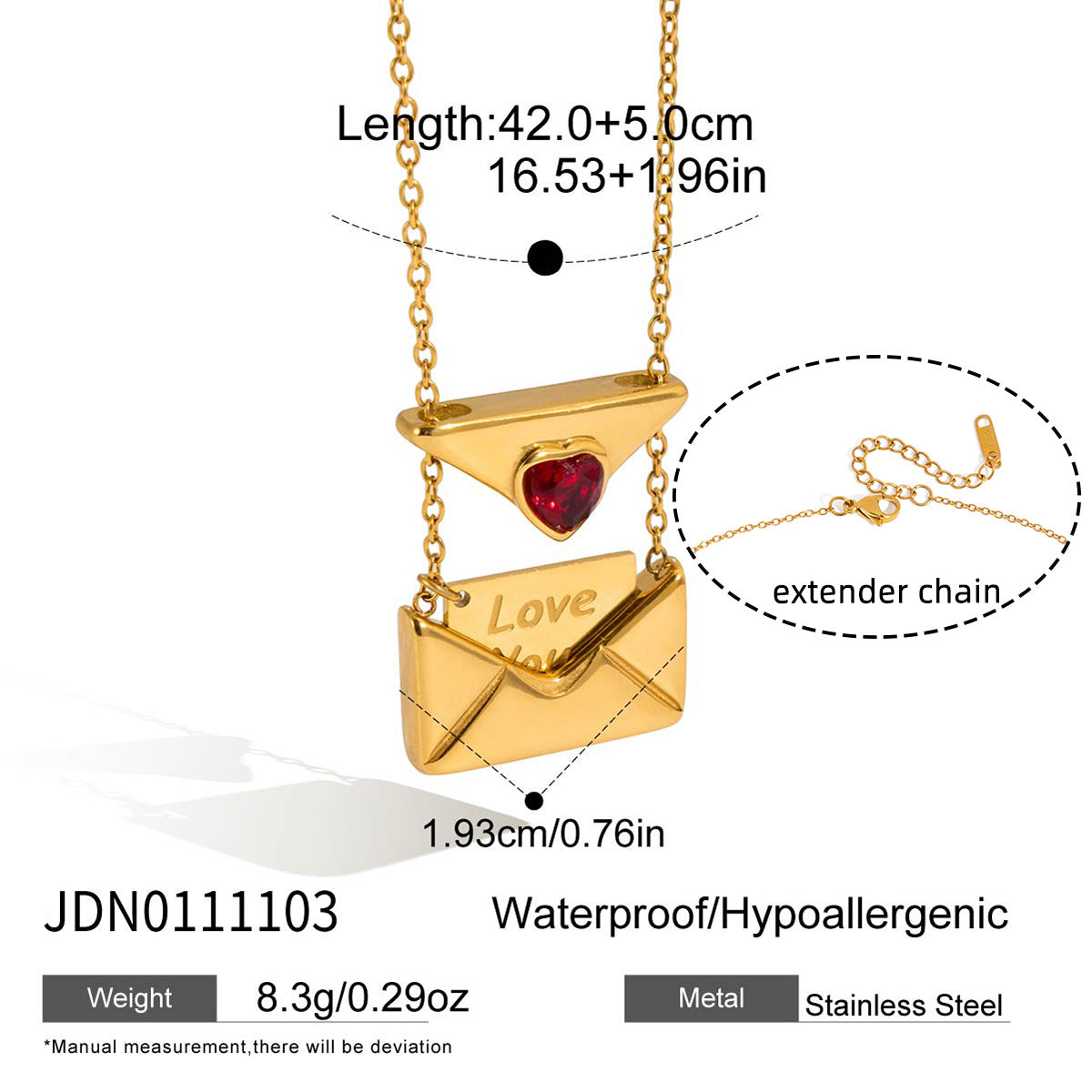 Love You Envelope Heart Cubic Zirconia Gold Plated Stainless Steel Necklace for Women