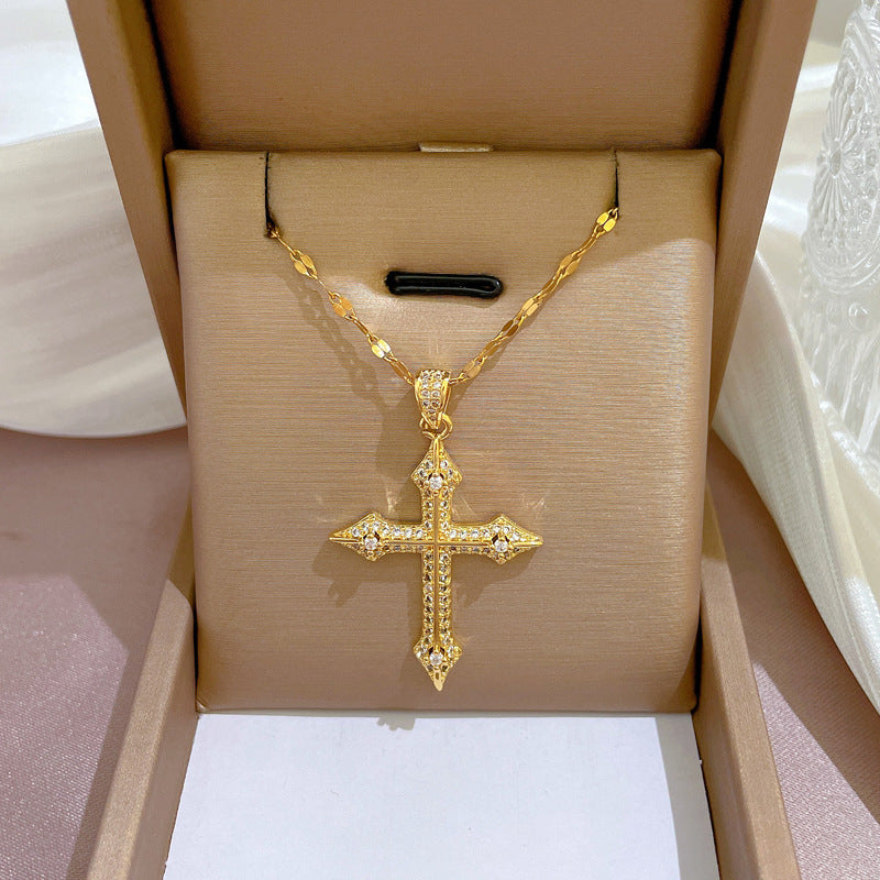 Collana di Lusso a Croce Geometrica in Acciaio al Titanio con Intarsi in Zirconi per Donna