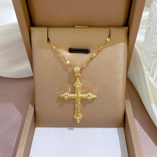 Collana di Lusso a Croce Geometrica in Acciaio al Titanio con Intarsi in Zirconi per Donna