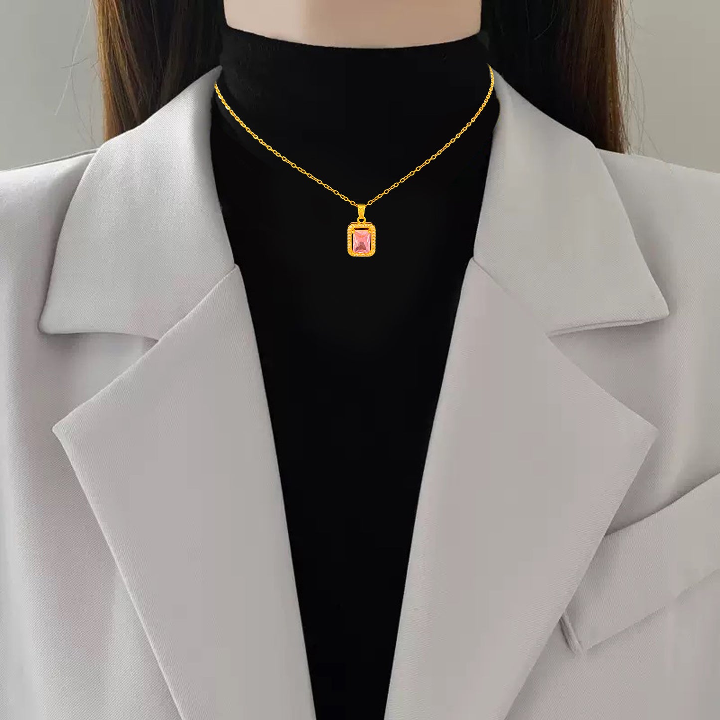 Sporty Sweet Micro-Set Cubic Zirconia Fruit Square Pendant Titanium Steel Cable Chain Necklace