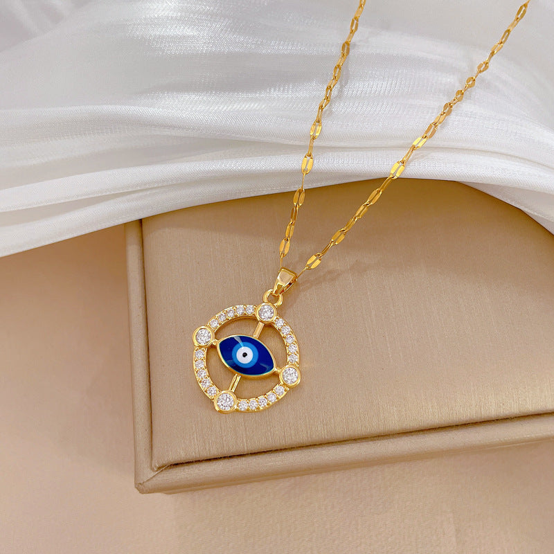 Minimalist Round Eye Pendant Necklace for Women and Men Stainless Steel Chain with Rhinestone Accents Lightweight Clavicle Chain