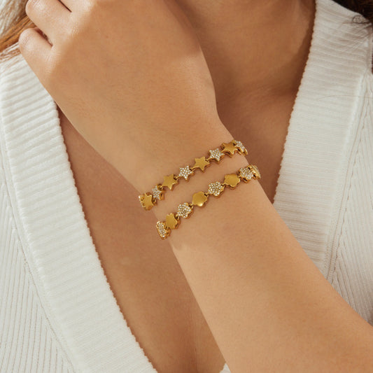 Elegant Gold Plated Stainless Steel Star Floral Rhinestone Ball Chain Bracelet for Women