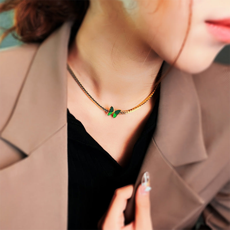 Sweet-Edgy Butterfly Pendant Necklace for Women in Titanium Steel with Plated Finish, Twist Plate Chain, Insect-Inspired Design