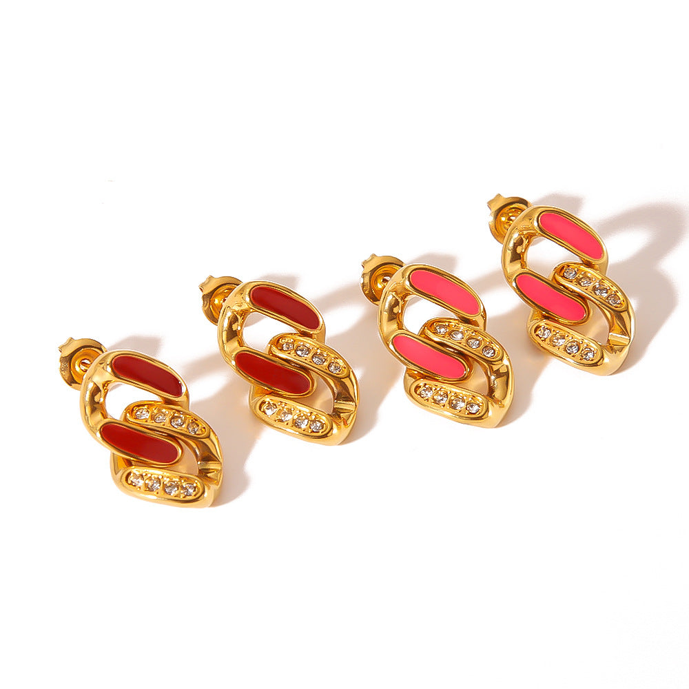 Vintage French Style Geometric Stainless Steel Earrings with 18K Gold Plating Enamel Finish and Zircon Inlay