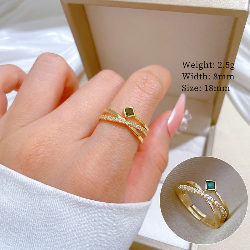 Minimalist Geometric Gold-Plated Brass Open Ring for Women with Crown Shape and Rhinestone Inlay
