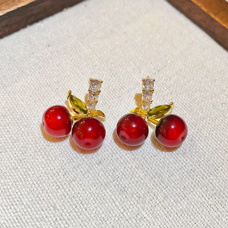 Cherry-Shaped Resin Earrings with Zirconia Inlay for Women, Minimalist Sweet Style Fashion Ear Jewelry