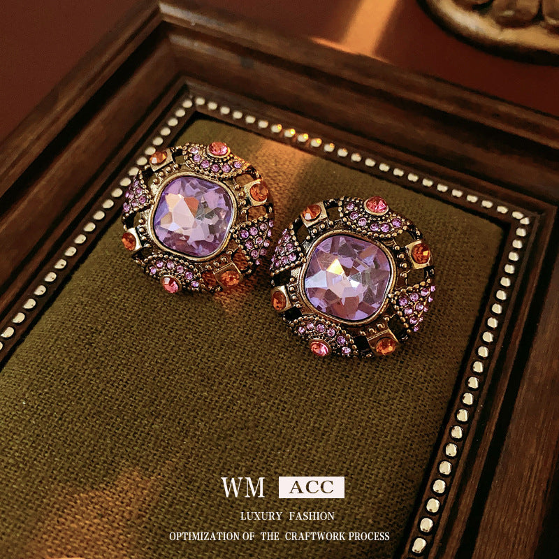Vintage-Style Geometric Square Rhinestone Stud Earrings in Alloy with Stainless Steel Posts for Women
