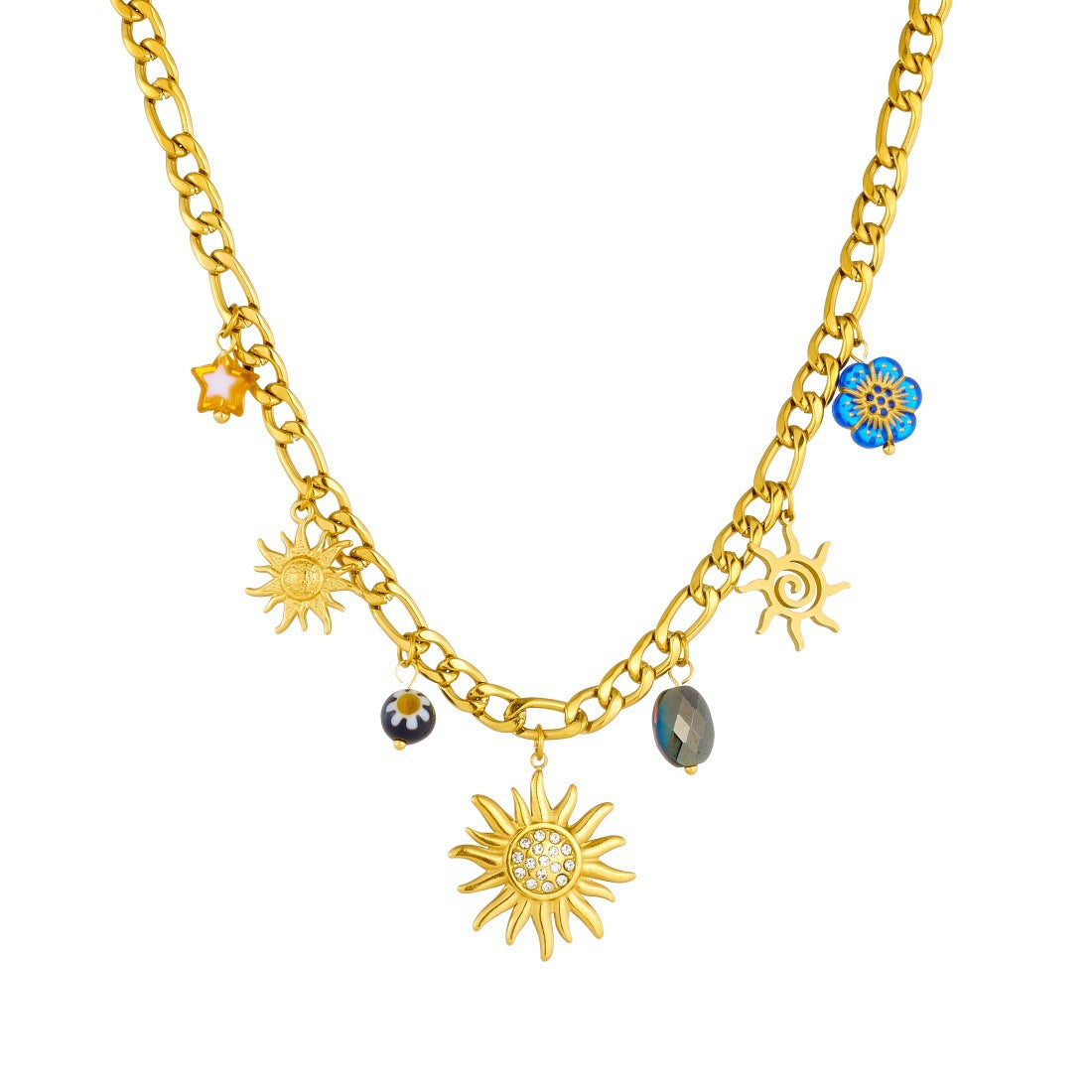 Vintage Elegant Gold Plated Rhinestone Inlaid Stainless Steel and Acrylic Sunflower Pendant Necklace and Bracelet Set for Women