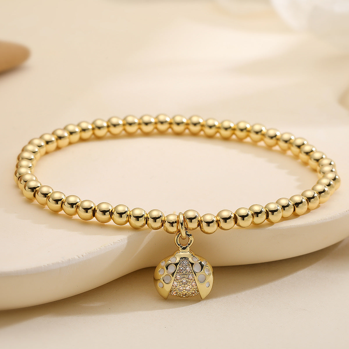 Fashion Minimalist 18K Gold Plated Zircon Ladybug Geometric Copper Bracelet for Women