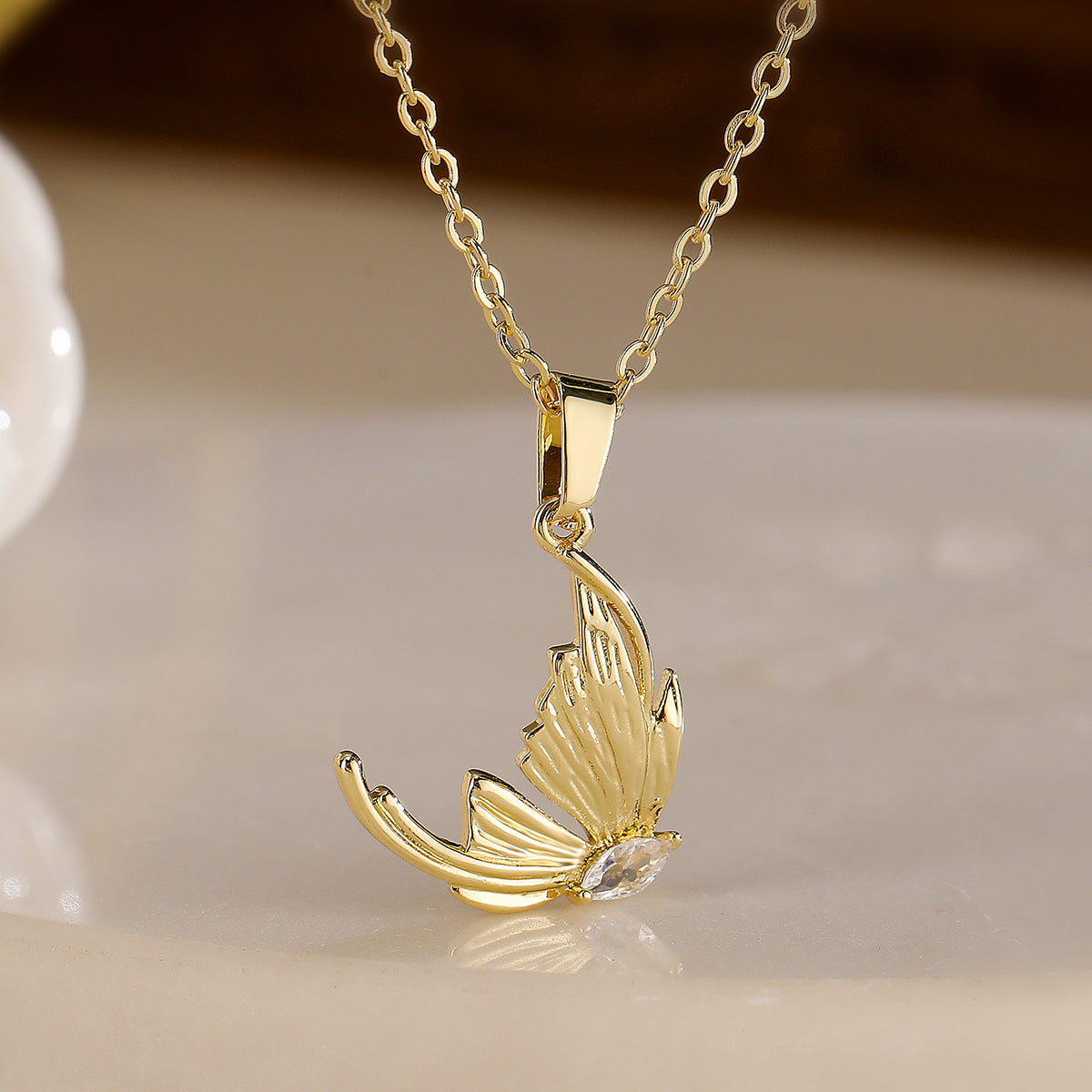 Minimalist Butterfly Pendant Necklace for Women with Gold-Plated Copper and Zircon Inlay, Geometric Design Locket Chain