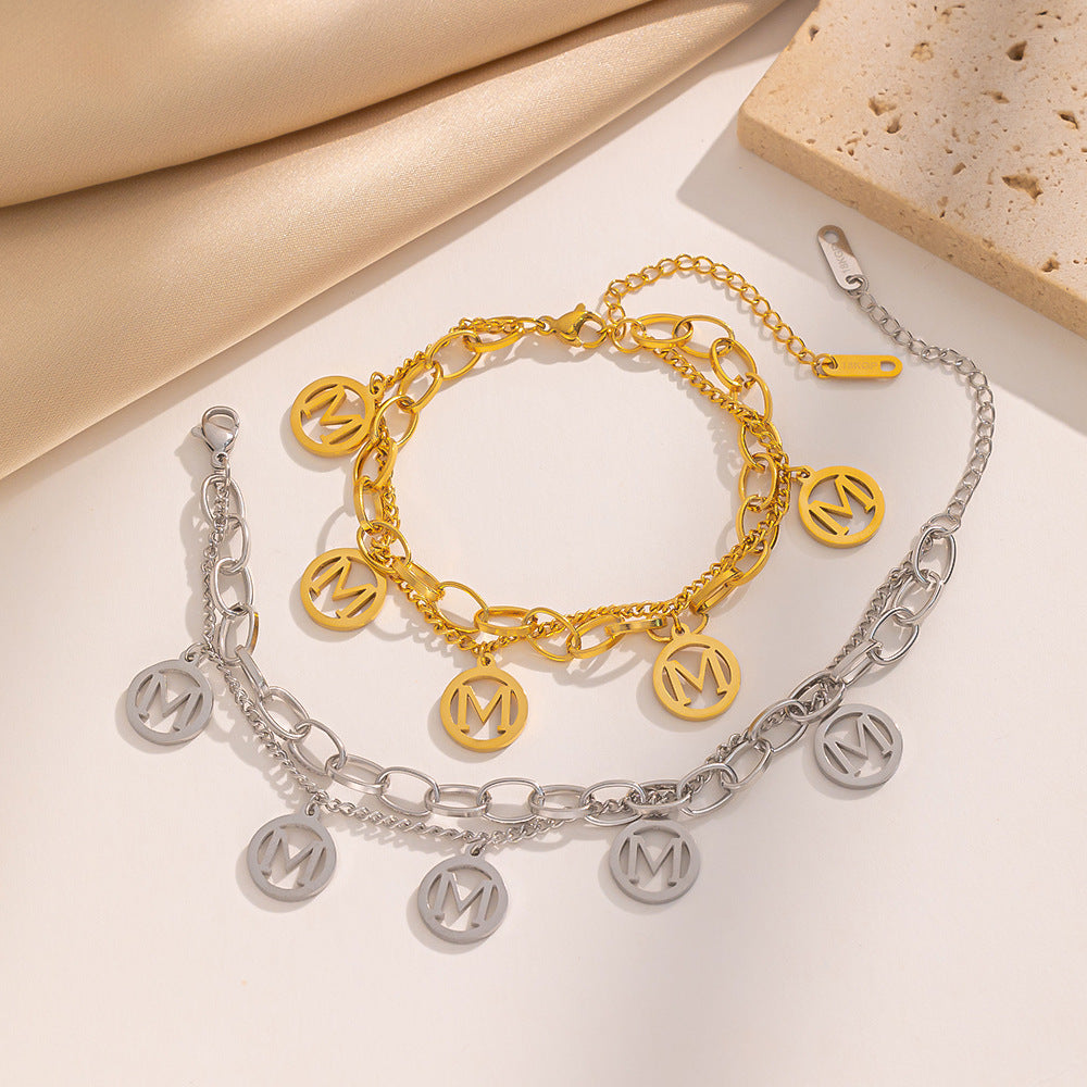 Minimalist Letter M Double-Layer Titanium Steel Bracelet for Women with Electroplated Finish