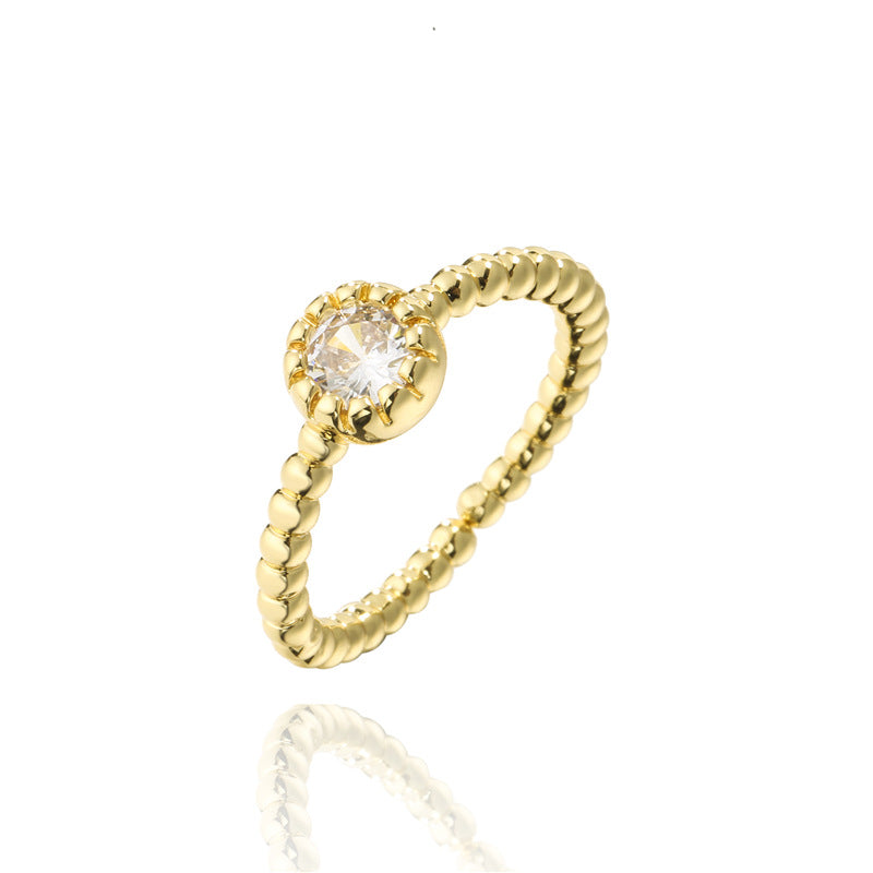 Vintage Bohemian 18K Gold Plated Geometric Brass Ring with Micro-Inlaid Cubic Zirconia for Women