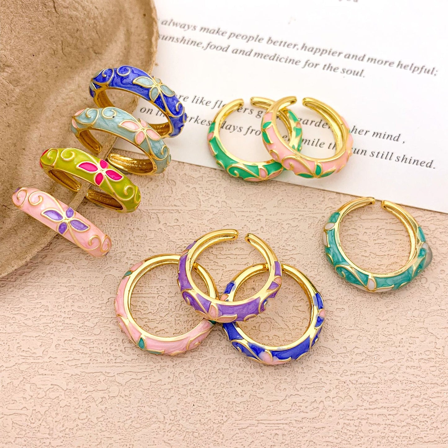 Luxury Elegant Floral Enamel Drip Oil Plated Alloy Round Ring for Women