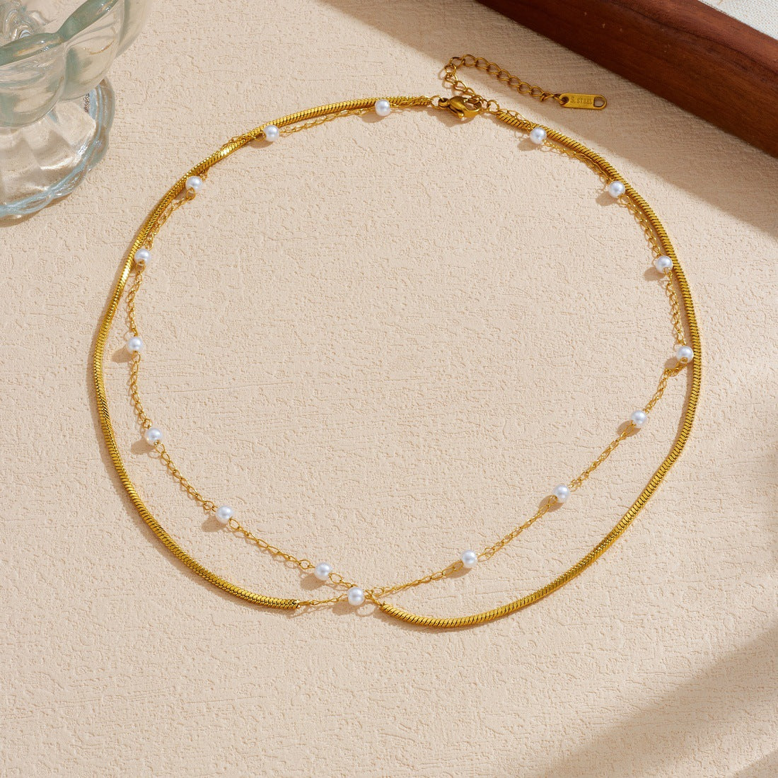 Minimalist Luxury Gold Plated Round Snake Chain Stainless Steel Double Layer Faux Pearl Necklace for Women