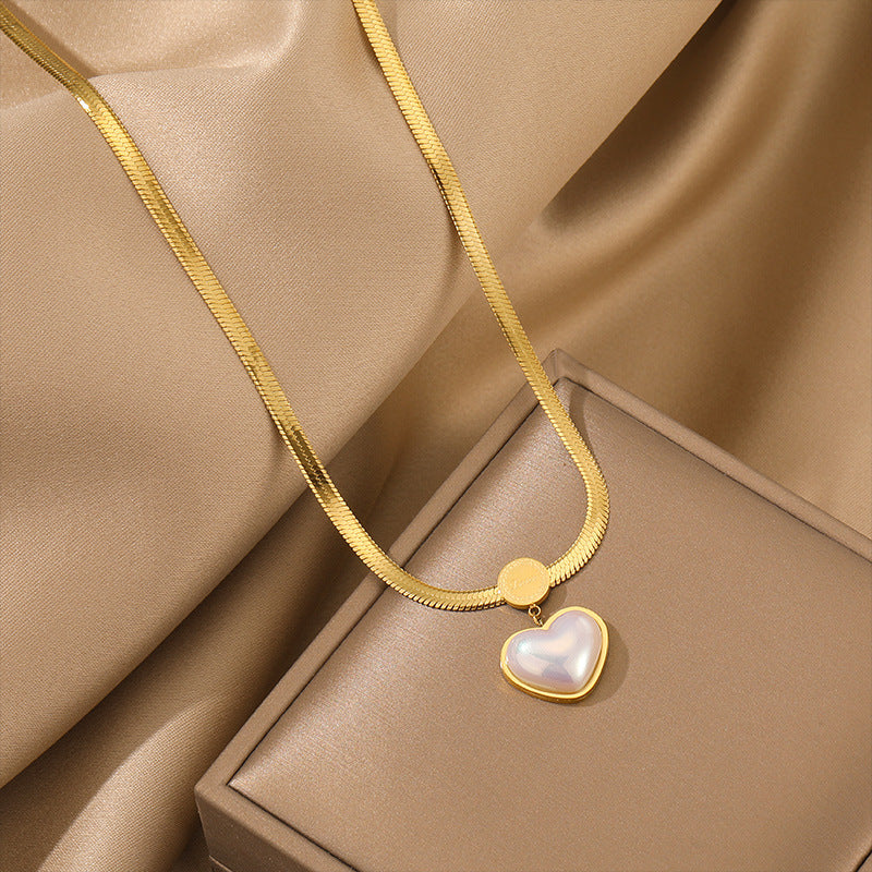 Cute 18K Plated Titanium Steel Heart Pendant Necklace Simple Snake Chain for Women