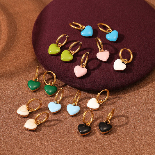 Fashionable Minimalist Heart-Shaped Titanium Steel Earrings with Enamel Finish for Women