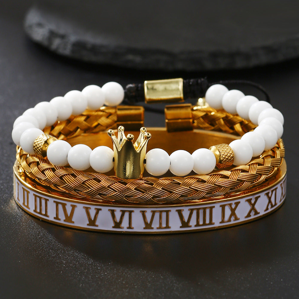 White Drip Oil Plated Stainless Steel Bracelet Set with Cubic Zirconia Skull, Leopard Head, Crown and Roman Numbers
