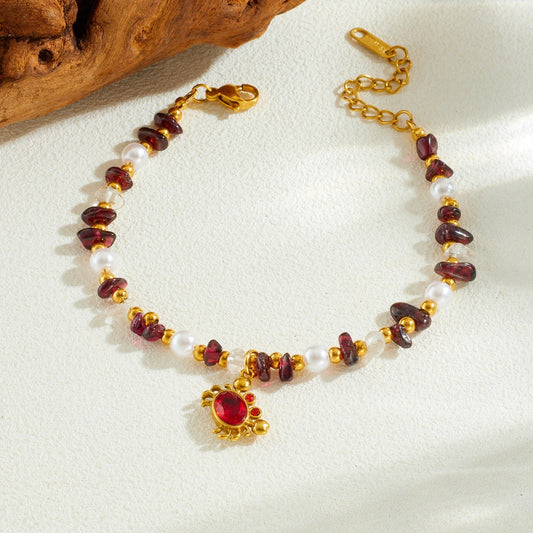 Vintage Color-Block Gemstone Pearl Rhinestone Animal Crab Pendant Bracelet for Women