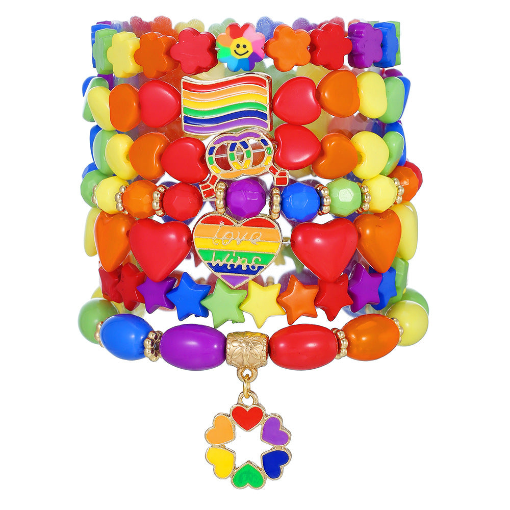 Bohemian Colorful Round Geometric Heart Acrylic Alloy Beaded Stretch Bracelet Set