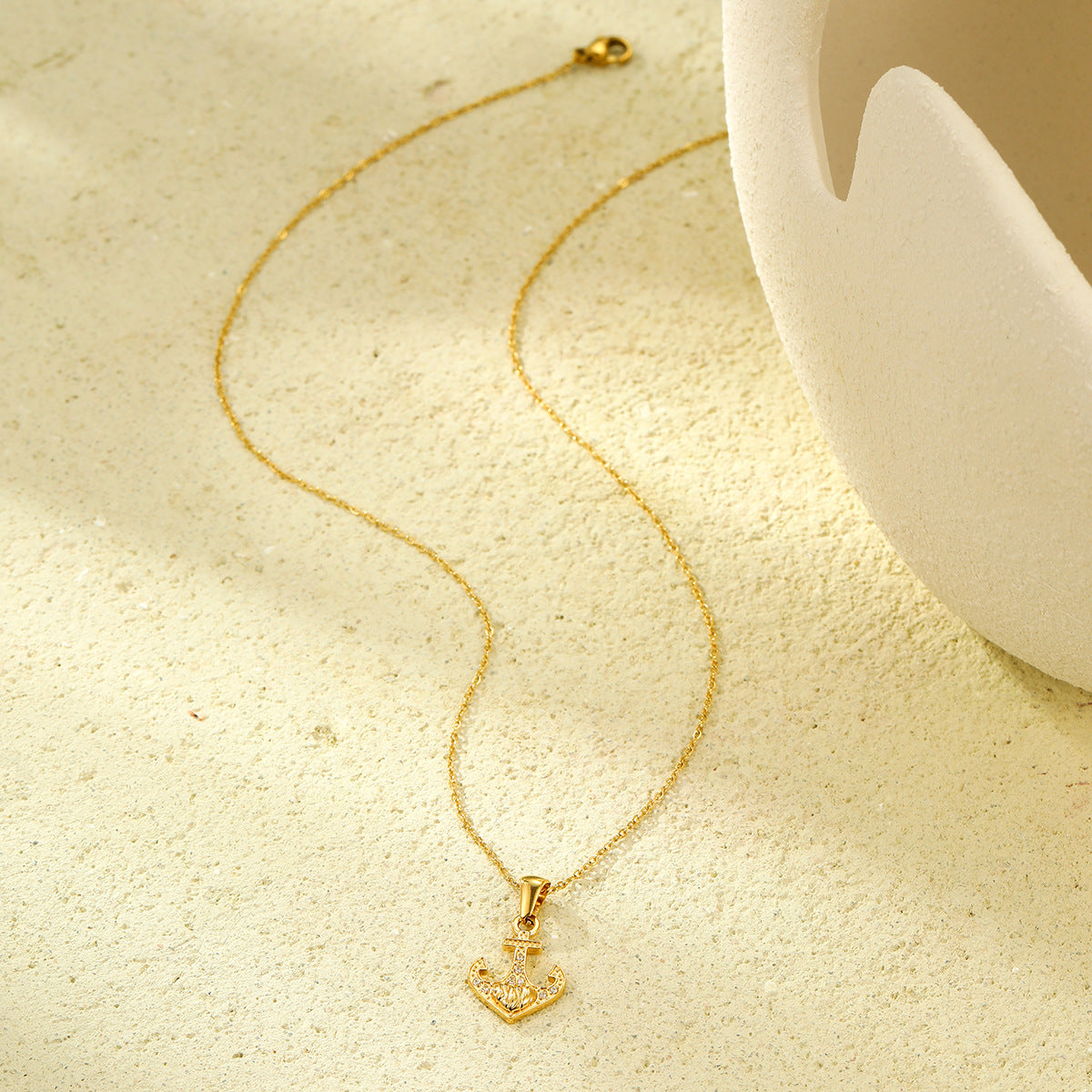 Vintage Nautical Anchor Pendant Necklace in Stainless Steel with Rhinestone Inlay for Women
