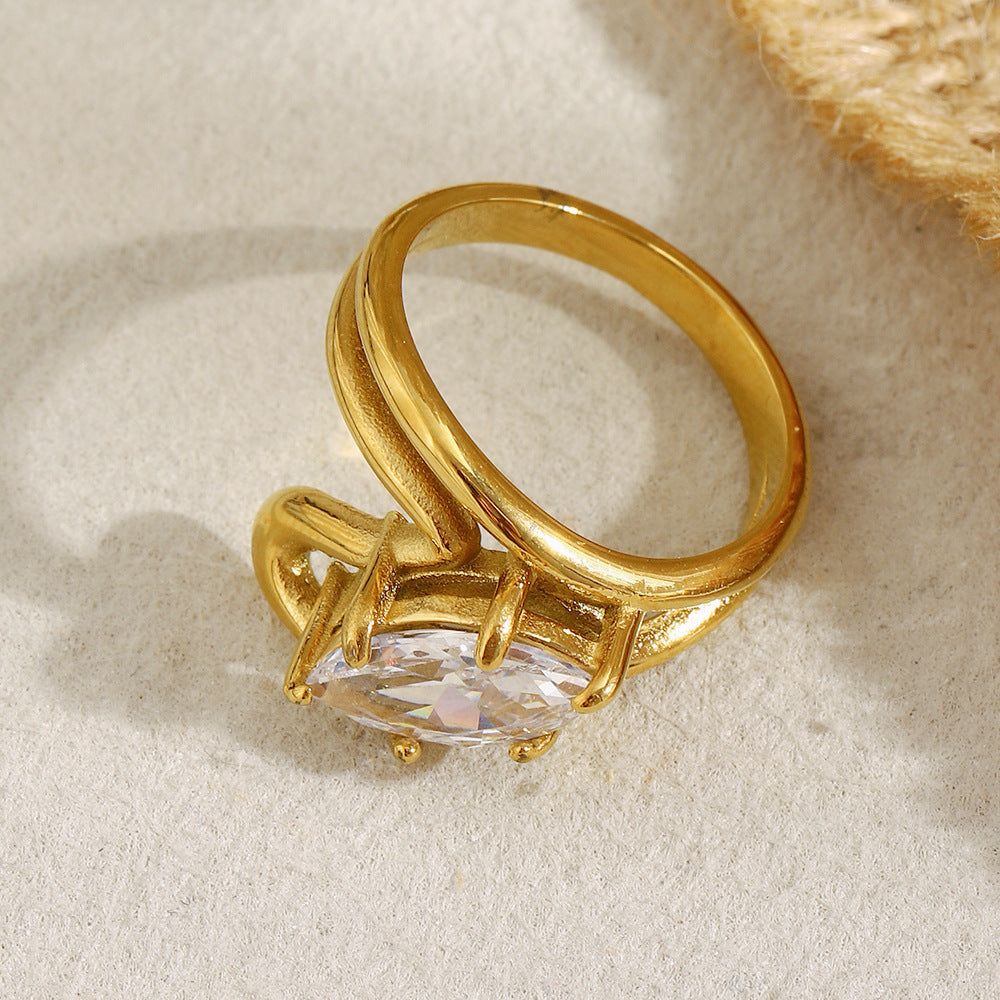 Anello da donna a doppio strato a forma di marquise, geometrico e minimalista, in acciaio inossidabile placcato oro 18 carati