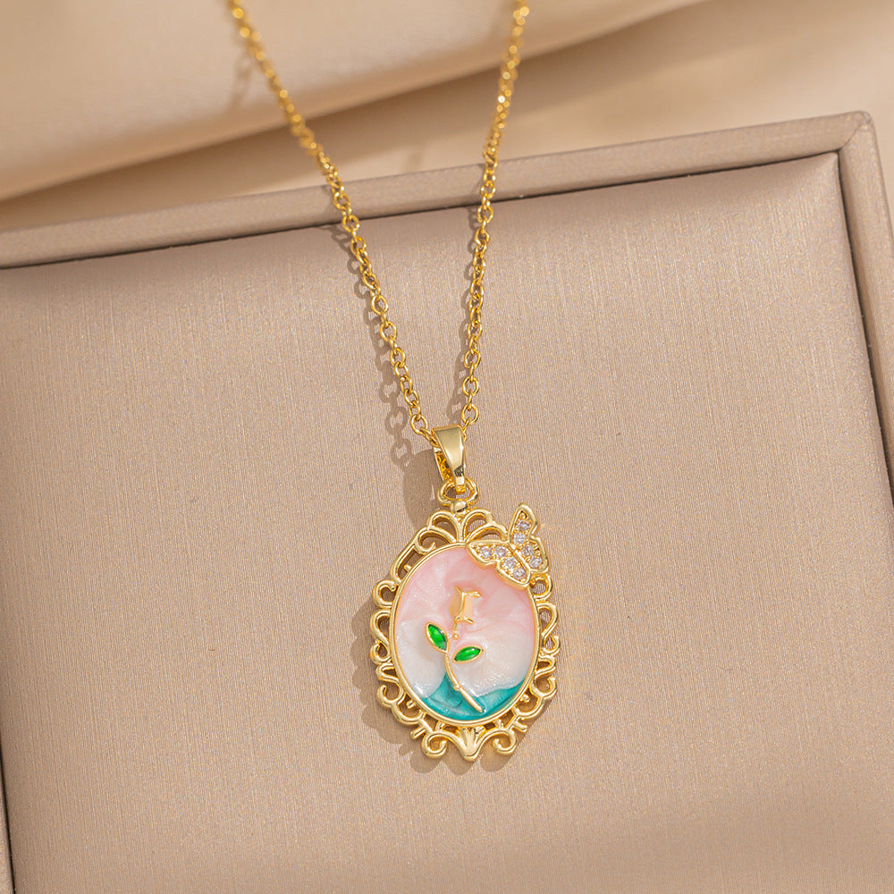 Baroque Style Leaf-Shaped Titanium Steel Necklace with Tulip Floral Motif, Vacuum-Plated for Hypoallergenic Wear, O-Chain Design