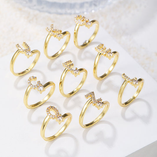 Adjustable Letter Ring Brass Plated with Cubic Zirconia for Women and Men