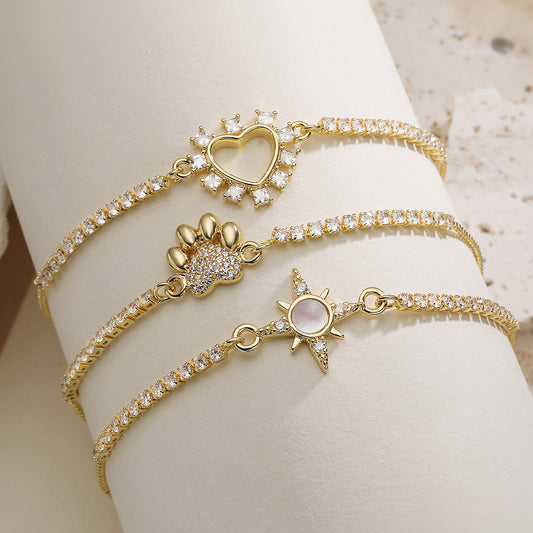Minimalist Luxury 18K Gold Plated Brass Geometric Heart Cubic Zirconia Inlay Adjustable Cord Bracelet for Women