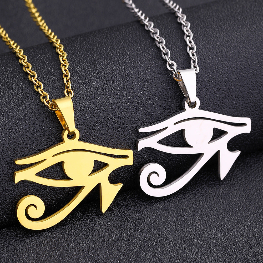 Collar con Colgante de Ojo de Horus Étnico Vintage en Acero Inoxidable con Dije de Acero de Titanio y Acabado Galvanizado en Cadena Tipo O