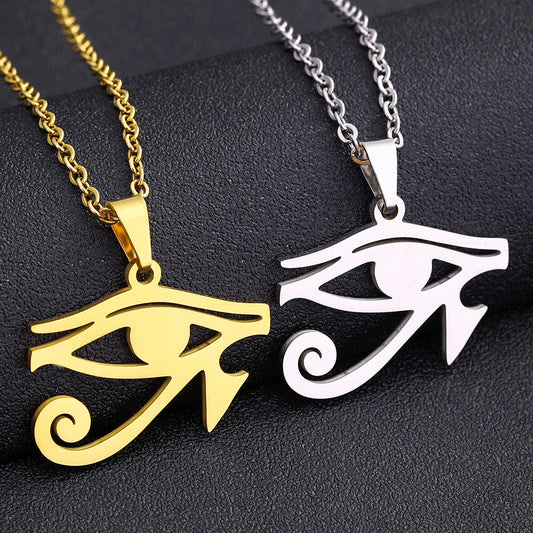 Collar con Colgante de Ojo de Horus Étnico Vintage en Acero Inoxidable con Dije de Acero de Titanio y Acabado Galvanizado en Cadena Tipo O