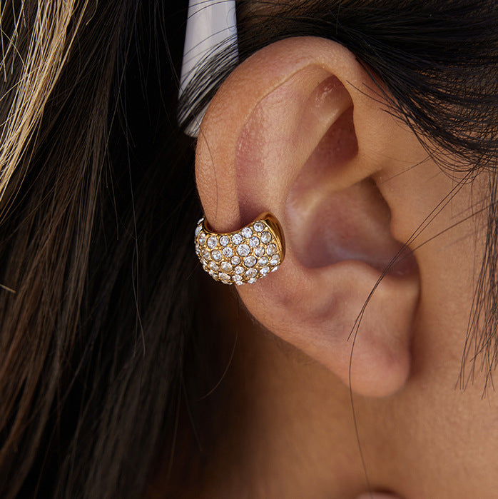 Orecchini Geometrici a C in Acciaio Titanio con Strass, Orecchini a Clip in Acciaio Inossidabile Placcato per Donna