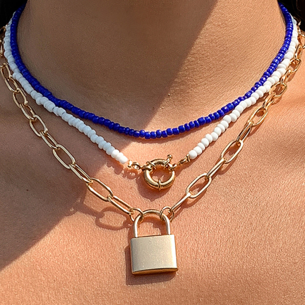 Vintage Punk Geometric Alloy Plated Lock Pendant Tassel Necklace with Ball Chain for Women