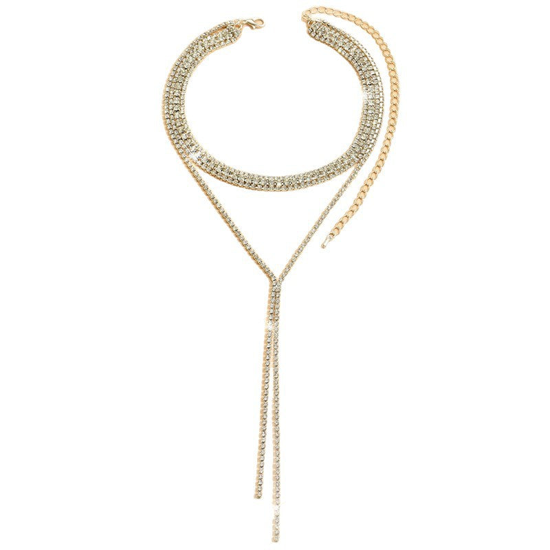 Elegante collana a Y in lega rodiata con strass geometrici e nappe multistrato da donna
